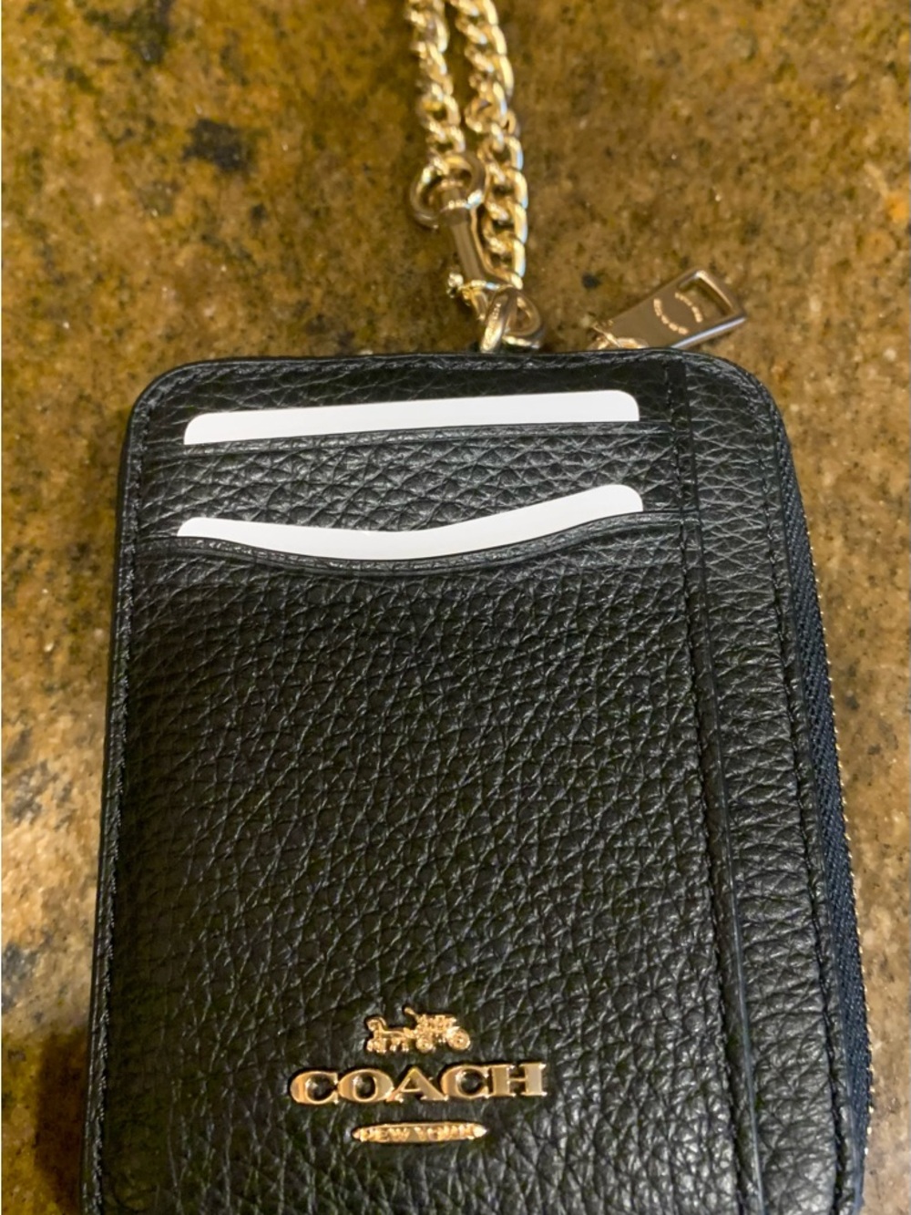 NEW WITH TAGS…..Coach Black Pebbled Leather Card Case with Gold Chain